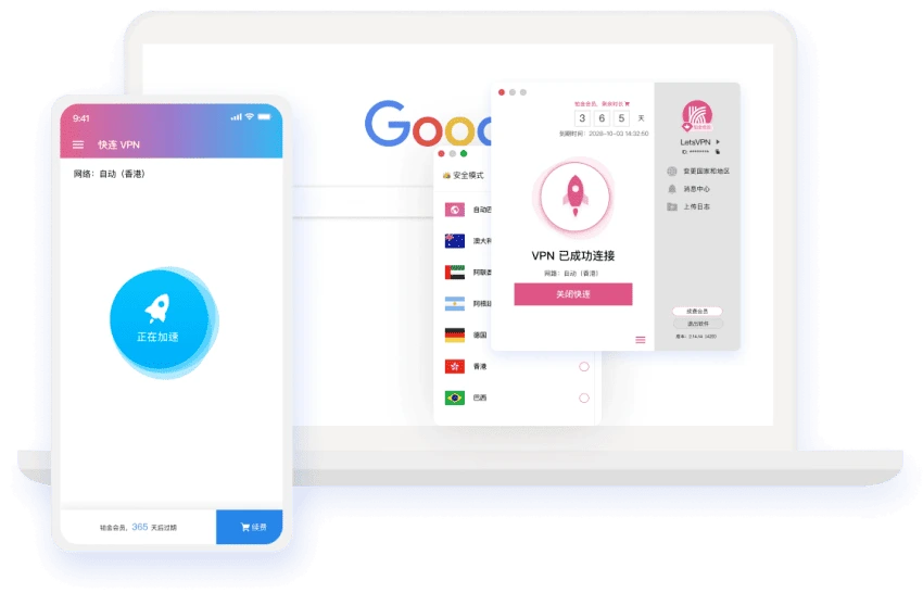 LetsVPN 极速连接界面示意